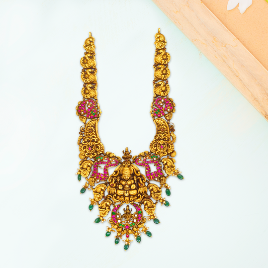 Double Lakshmi Silver Antique Haram with Green Stones