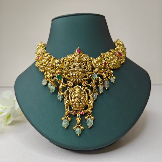 Lotus Lakshmi Necklace with Green stone - The Velli Kadai