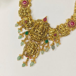 Lotus Lakshmi Necklace with Green stone - The Velli Kadai