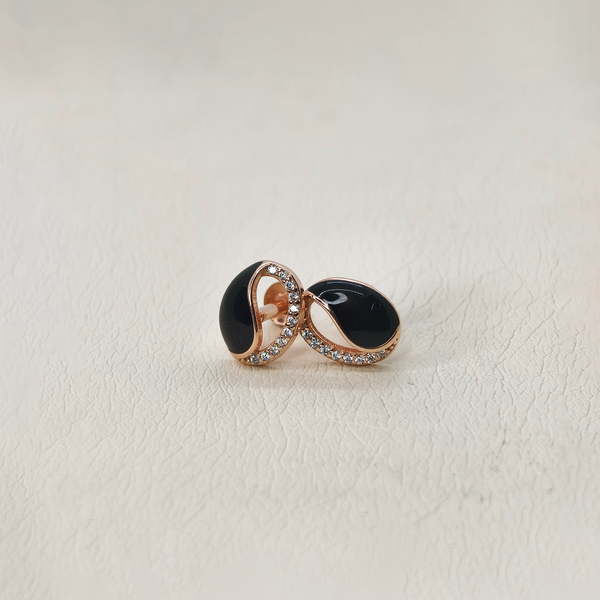 Black Pearl Earrings with Rose Gold Finish & Side Stones - The Velli Kadai