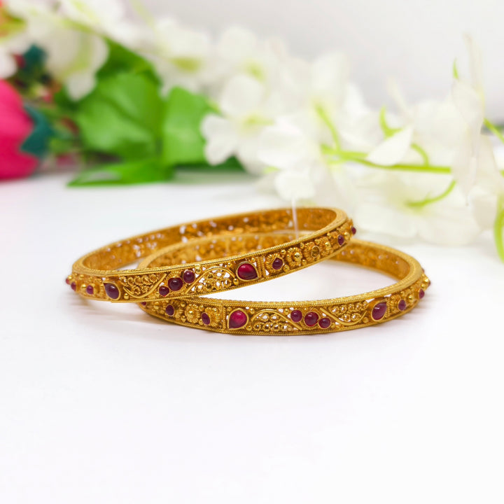 Ruby Red Stones Silver Antique Bangle - The Velli Kadai