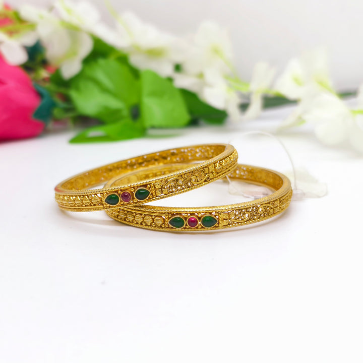 Green Stone Silver Antique Bangle - The Velli Kadai