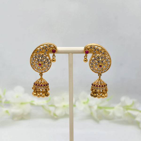 Multi White Stone Antique Jhumka - The Velli Kadai