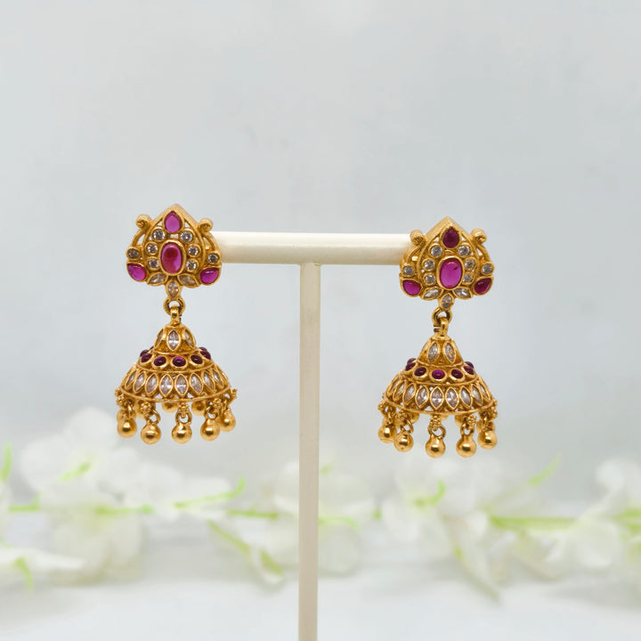 Red Stone Antique Jhumka - The Velli Kadai