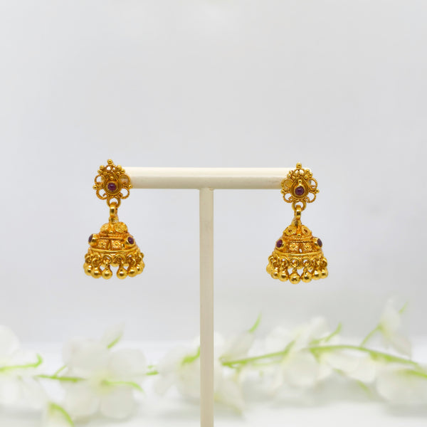 Red Stone with Minimal Design Antique Jhumka - The Velli Kadai