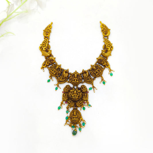 Lakshmi Silver Antique Necklace with Green Beads